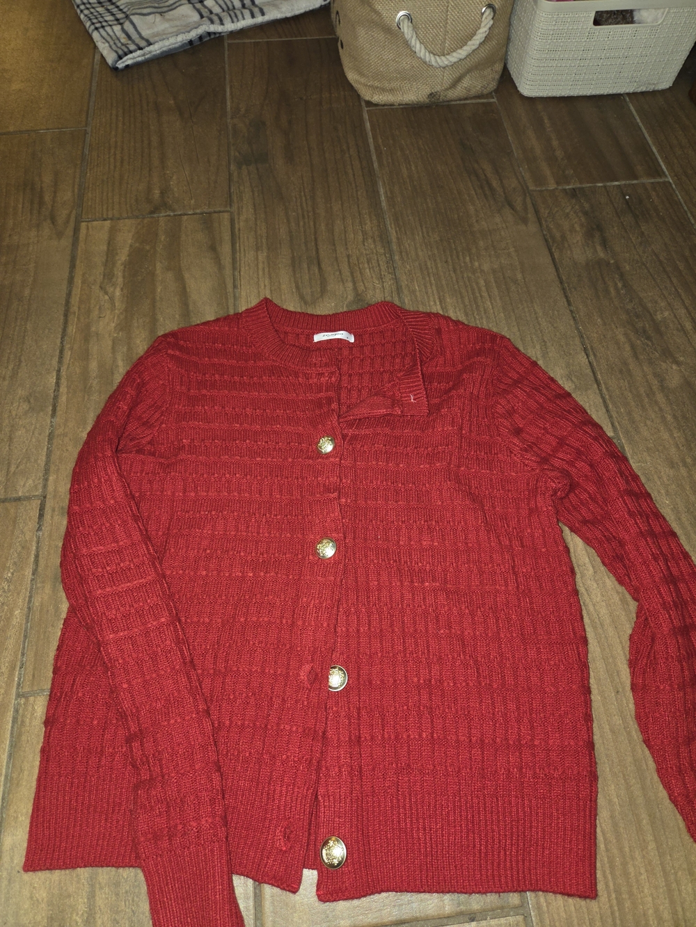 Women's Red Knit Cardigan Sweater with Gold Buttons